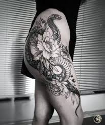 Pretty floral thigh piece with a blue bird and snake. Classy Side Thigh Tattoo Snake Novocom Top