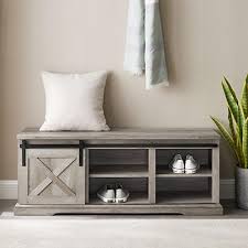 One fixed and two adjustable shelves. 48 Sliding Barn Door Entry Bench With Storage Grey Wash Bjs Wholesale Club
