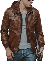 Flavor Men Brown Leather Motorcycle Jacket With Removable Hood At Amazon Men S Clothing Leather Jacket Men Brown Leather Motorcycle Jacket Jackets Men Fashion