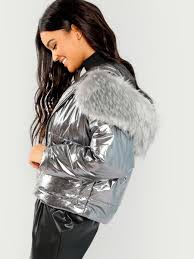 Metallic Puffer Jacket With Faux Fur Trim Hood Shein Sheinside Puffer Jacket Women Jackets Puffer Jackets