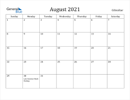 Share this page on facebook! Gibraltar August 2021 Calendar With Holidays