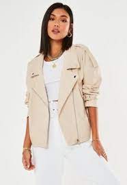 Missguided Oversized Faux Leather Long Vintage Biker Jacket Cream Leather Jacket Coats Jackets Women Jackets
