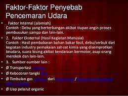 Untuk faktor pencemaran udara ini terbagi menjadi dua, yakni faktor internal dan juga eksternal. Pencemaran Udara