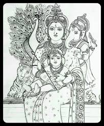 Black And White Mural Painting Outline Jai Maa Jagdamba Ganesha And Murugan Indian Art Paintings Tanjore Painting Outline Drawings