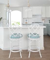 Maybe you would like to learn more about one of these? White Bamboo Counter Stools With Blue Seat Cushions Transitional Kitchen
