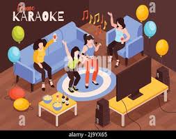 Isometric home karaoke composition with house party scenery with singing female  characters balloons and music notes vector illustration Stock Vector Image  & Art - Alamy