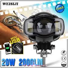 Weisiji 1pcs 20w Motorcycle Led Fog Light With Usb Cree Led Fog Lights 2000lm Charger For Jeep Hummer Ha Motorcycle Headlight Led Fog Lights Led Driving Lights