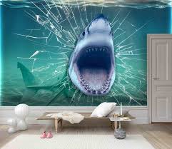 3d Cartoon Fierce Shark Wallpaper Removable Self Adhesive Etsy Wallpaper Mural Wallpaper Wall Murals