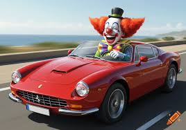 A cheerful clown drives a red Ferrari on a scenic coastal road. on Craiyon