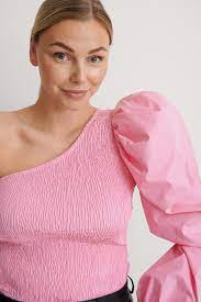 One Shoulder Puffy Sleeve Smocked Top Pink Na Kd Com