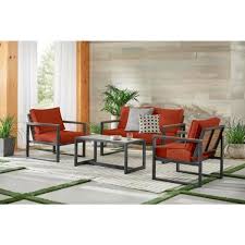 Hampton Bay West Park Black Aluminum Outdoor Patio 4 Piece Conversation Set With Cushionguard Quarry Red Cushions In 2020 Gray Patio Furniture Home Patio Lounge Chairs