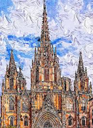 The ruins of the roman era and the medieval towers merged here, and the sculptures of the sorrow of despula are in the beautiful cloister around the church. Barcelona Cathedral Of The Holy Cross And Saint Eulalia Painting By Andrea Mazzocchetti Saatchi Art