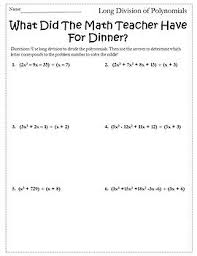 Polynomial long division functions similarly to long division, and if the division leaves no remainder, then the divisor is called a factor. Polynomial Long Division Activity Dividing Polynomials Activity Worksheet