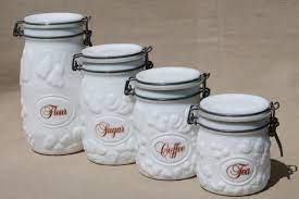Ebay.de has been visited by 100k+ users in the past month Vintage Milk Glass Canister Set Wheaton Country Orchard Kitchen Canister Jars Glass Canister Set Kitchen Canisters Glass Canisters