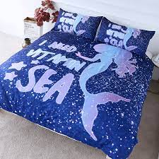 Twin size includes 1 comforter (66x86), 1 fitted sheet (39x75), 1 flat sheet (66x96), 1 standard pillow case (20x30), 1 standard sham (24x30) full size includes 1 comforter. Amazon Com Blessliving Fairytale Mermaid Bedding Kids Navy Blue Glitter Bed Set 3 Pieces Underwater Mermaid Girl Silhouette Duvet Cover Twin Kitchen Dining