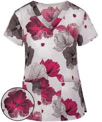 Green Town Pink Lined Floral V Neck Print Scrub Top Scrub