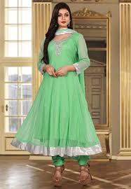 Hand Embroidered Net Anarkali Suit In Sea Green Kbx33