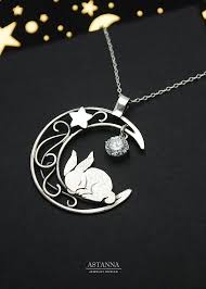 Cute Bunny Sleeping On The Moon Sterling Silver Rabbit Etsy Woodland Jewelry Rabbit Necklaces Moon Pendant