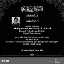 Jenazah bapa timbalan perdana menteri, datuk seri dr wan azizah wan ismail, datuk dr wan ismail wan mahmud selamat dikebumikan di tanah perkuburan islam ukay perdana, ampang 11.20 pagi selasa, 10 disember. Universiti Teknologi Malaysia Utm On Twitter Takziah Kepada Keluarga Dan Sahabat Kepada Pelajar Tahun 3 Fakulti Kejuruteraan Utm Nur Iman Fadzil Yang Telah Kembali Ke Rahmatullah Kerana Menghidapi Kanser Tulang Tahap 4