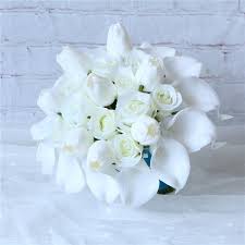 Pink + yellow + white rose bouquet wedding | bouquet toss | cheap bridesmaid bouquets | silk wedding flowers | artificial wedding bouquets (one dozen roses) msrp: White Calla Lily Tulips Custom Bridal Bouquet Vanrina