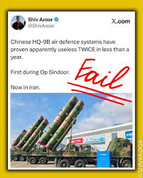Chinese HQ-9B air defence systems have proven apparently useless TWICE in  less than a year. First during Op Sindoor. Now in Iran.