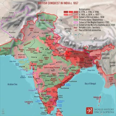 British Conquest in India c. 1857. A map illustrating the aggressive, opportunistic, and, most times, chaotic expansion of British rule in the Indian subcontinent following the Battle of Plassey (1757) until the