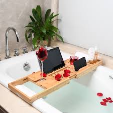 Feelglad bathtub caddy tray, bamboo bath tray with extending sides, reading rack, tablet holder, cellphone tray and wine glass holder, bath holder for drinks book tablet phone average rating: Aliexpress Wooden Glass Wine Tray With Shelf Trays Home And Spa Bathtub Reading Rack Holder Bathtub
