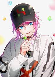 kazari tayu, amemura ramuda, hypnosis mic, highres, 1boy, blue eyes, candy,  food, hat, hood, hoodie, lollipop, long sleeves, looking at viewer, male  focus, pink hair, sidelocks, smile, solo 