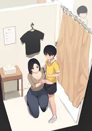 Rule 34 Dev - 1girl 2boys absurdres age_difference akiyama_yuko_(pepper0)  akiyama_yuto_(pepper0) bare_legs black_hair black_shorts blue_eyes blush  breasts breath brown_shirt censored cleavage closed_mouth  clothed_female_nude_male collarbone curtains ...