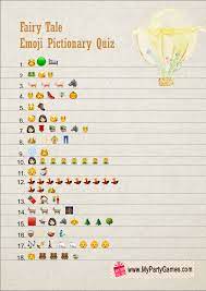Print the free kids fairy tales quiz sheet with questions and answers for kids children teens students and adults. Free Printable Fairy Tales Emoji Pictionay Quiz For Baby Shower