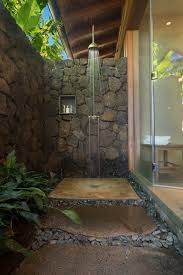 Sturdy wooden slats double as shower walls and towel racks. All Of Your Stress Will Be Washed Away With These Luxurious Outdoor Showers Outdoor Bathroom Design Indoor Outdoor Bathroom Outdoor Baths