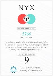 Rating 0.0 of 5 0 reviews. Name Nyx Meaning Origin Description Popularity 5766