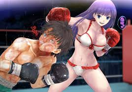 akabeko207, martha (fate), fategrand order, fate (series), highres, 1boy,  1girl, bikini, blood, blue eyes, boxing, boxing gloves, boxing ring, boxing  shorts, breasts, bruise, cleavage, femdom, injury, large breasts, long  hair, navel, punching,