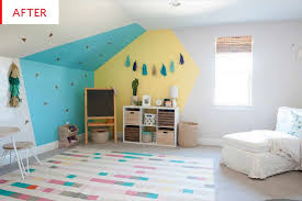 Before After A Kids Playroom Gets Way More Playful With A Geometric Paint Job Kids Playroom Playroom Playroom Paint