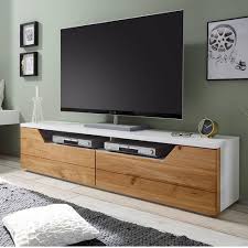 Quel est le prix d'un meuble tv contemporain ? Meubles Tv Meubles Et Rangements Meuble Tv Design Farina Finition Laque Blanc Mat 2 Tiroirs Facade Chene Noueux Inside75