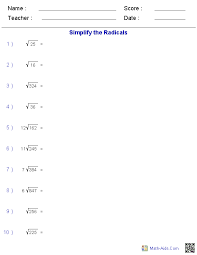 Simplify radical expressions using the product and quotient rule for radicals. Simplifying Radicals Worksheets Simplifying Radicals Mathematics Worksheets Math Methods
