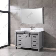 Charcoal gray single washstand with a black marble countertop in a gray and black bathroom boasting a round thin black vanity mirror and a sleek single horizontal sconce. China 48inch Charcoal Grey Transitional Free Standing Single Sink Bathroom Vanity China Transitional Wall Mounted