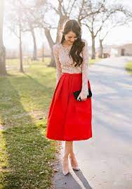 Red Plain Pleated High Waisted Vintage Satin Skirt Winter Wedding Outfits Wedding Guest Outfit Spring Guest Attire
