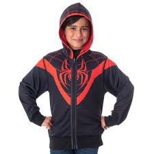 Cant see the outfit which miles wears in into the spider verse, you know the one with the red hoodie, black jacket over and shorts with air jordans? Seven Times Six Marvel Boys I Am Spiderman Miles Morales Reversible Costume Full Zip Hoodie Sm Walmart Com Walmart Com
