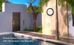 Check spelling or type a new query. Amazon Com Large Outdoor Clocks With Thermometer And Hygrometer 18 Inch Silent Battery Operated Metal Clock Decorative Garden Clock For Patio Pool And Home Bronze Garden Outdoor