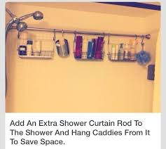 Our bathroom accessories category offers a great selection of shower curtain rods and more. Add An Extra Shower Curtain Rod To The Shower And Hang Caddies From It To Save Space Shower Storage Diy Shower Shower Curtain Rod