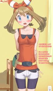 uhyoko, may (pokemon), creatures (company), game freak, nintendo, pokemon,  highres, 1girl, blue eyes, blush, brown hair, embarrassed, english text,  looking at viewer, nervous, open mouth, red shirt, shirt, solo 