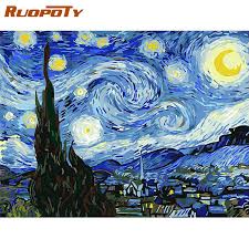 Ruopoty Cuadro De Cielo Estrellado Para El Hogar Pintura Acrilica De Arte De Pared De Paisaje Artistico Obra Alusiva Al Pintor Van Gogh Decoracion En Casa Pintura Por Numeros Aliexpress