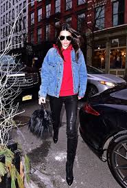 This Denim Jacket Red Hoodie And Leather Leggings Combo Was Perfect For A Friday Sweatshirt Street Style How To Wear Leggings Outfits With Leggings
