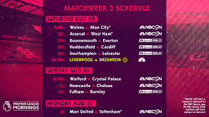 Premier league fixtures on tv are shown on sky sports, bt sport and amazon prime video with 230 games being shown live each season. Premier League Tv Schedule Week 3 Prosoccertalk Nbc Sports