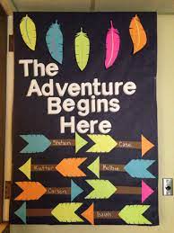 To create a awesome bulletin board for a classroom, all you need is imagination. Classroom Door Bulletin Board Decor Tribal The Adventure Begins Here Camping Theme Classroom Classroom Themes Bulletin Board Decor