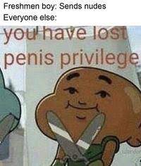 You Have Lost Penis Privilege Image Gallery Sorted By Low Score Know Your Meme No memes, comics or text posts memes, comics, and text posts, including tweets or comments, are not allowed. you have lost penis privilege image