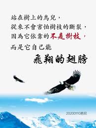 站在樹上的鳥兒 從來不會害怕樹枝的斷裂 因為它依靠的不是樹枝 而是它自己能飛翔的翅膀 我們人天天依靠