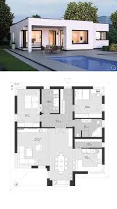 Fertighaus Bungalow Modern Im Bauhausstil Mit Flachdach 3 Zimmer Grundriss Rechteckig Mit Erker Anbau U Fertighaus Bungalow Moderner Bungalow Haus Bungalow