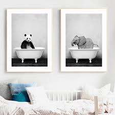 Baby Animals In The Bathtub Poster Elephant Lion Panda Giraffe Pig Cow Canvas Painting Nursery Mural Nordic Picture Kids Room De